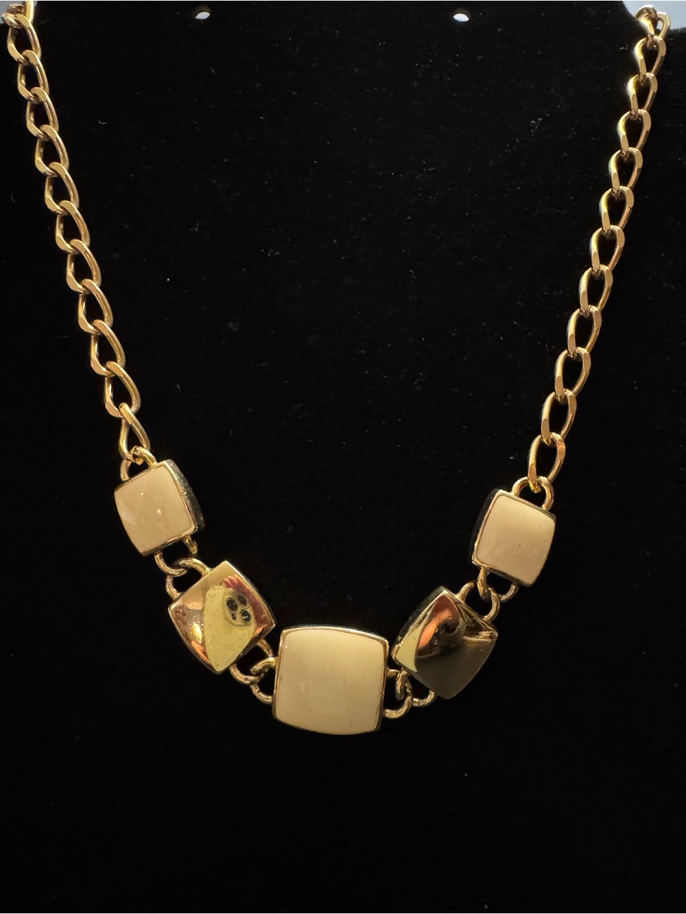 Vintage Napier Gold Tone Cream Enamel Square Station Necklace